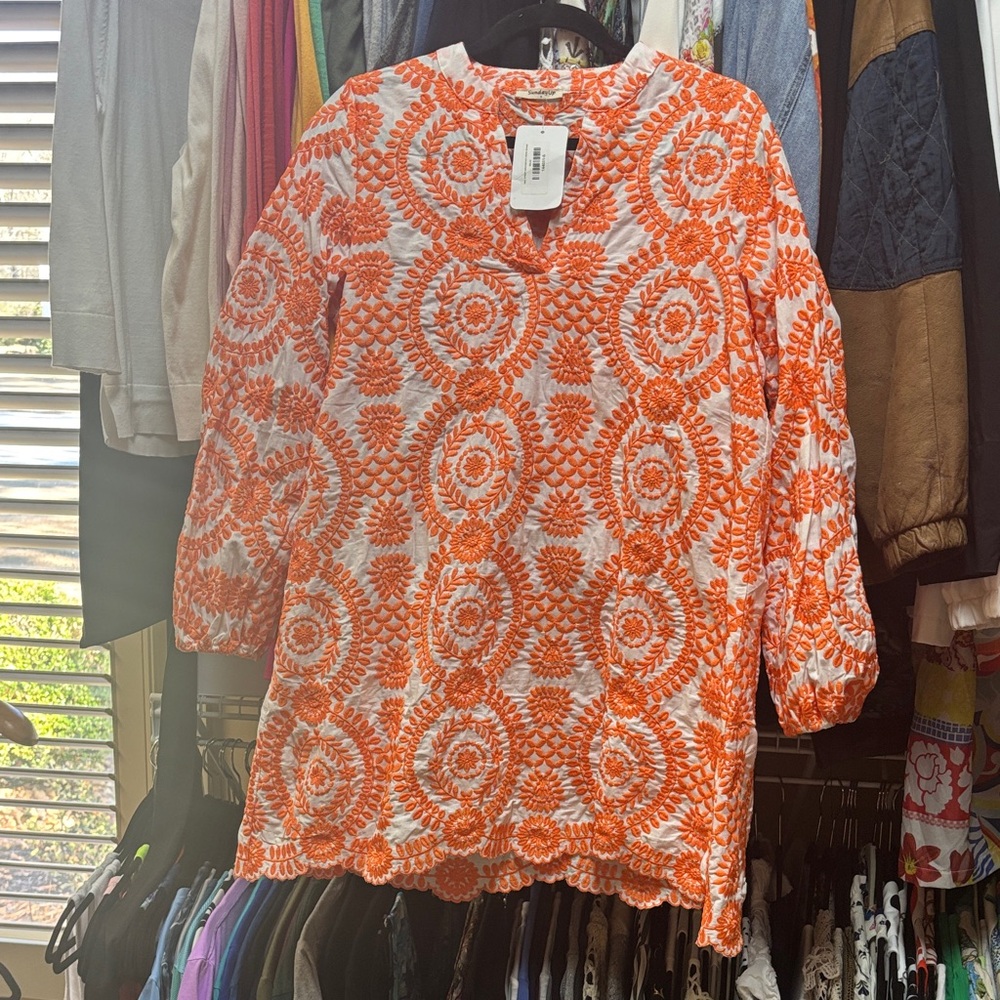Sunday Up Orange King Street Embroidered Tunic Dress Preppy Beachy